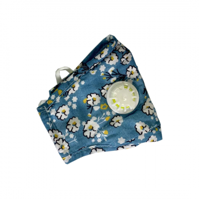 Cubrebocas de tela con diseño de flores color azul con válvula